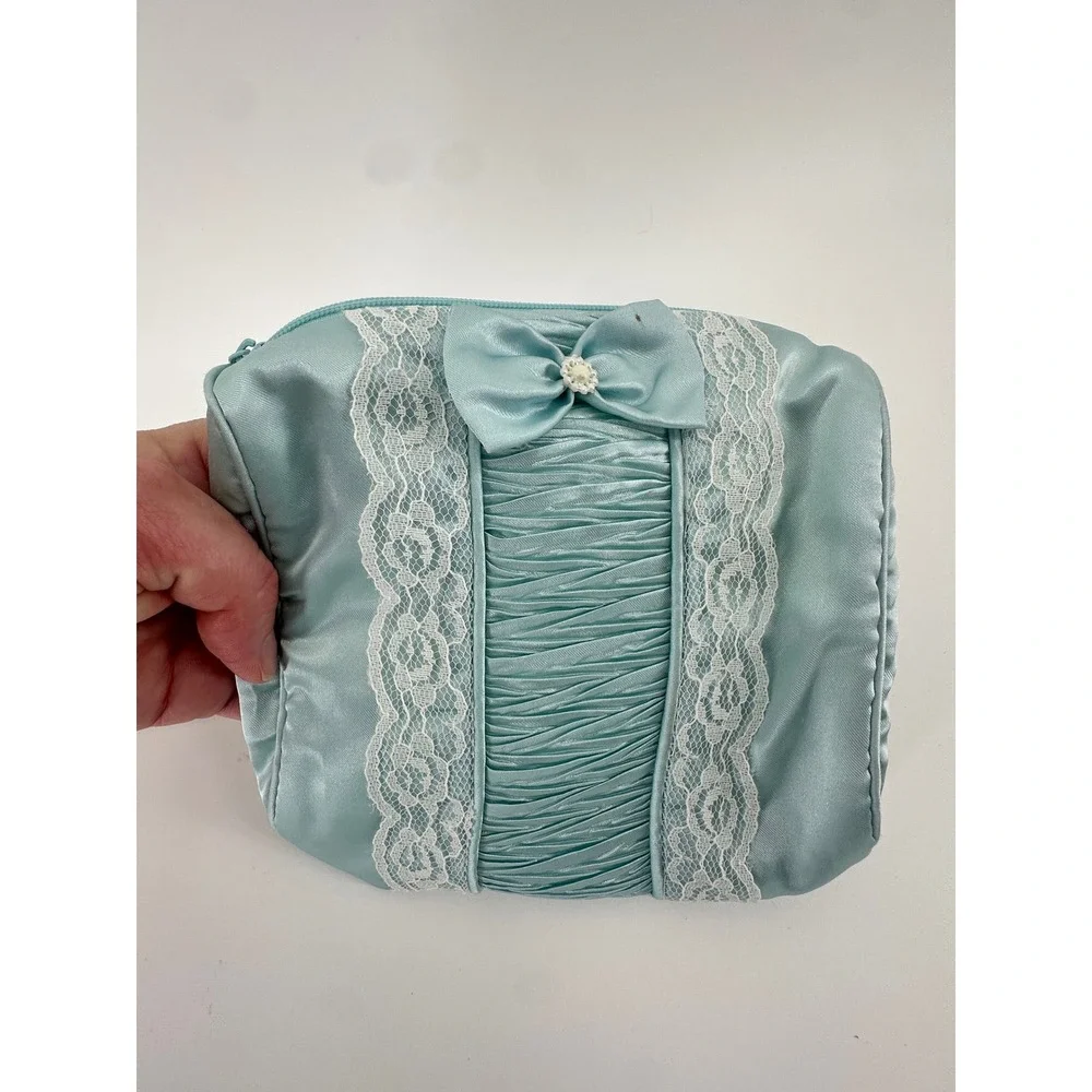 Vintage Cosmetic Bag Set Quilted Floral Cotton & Blue Satin Lace Bow Pouches